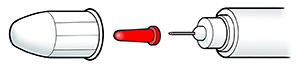 Primer plano de la punta de una pluma de inyección estándar donde se ve el capuchón externo, el capuchón interno de la aguja y la aguja.